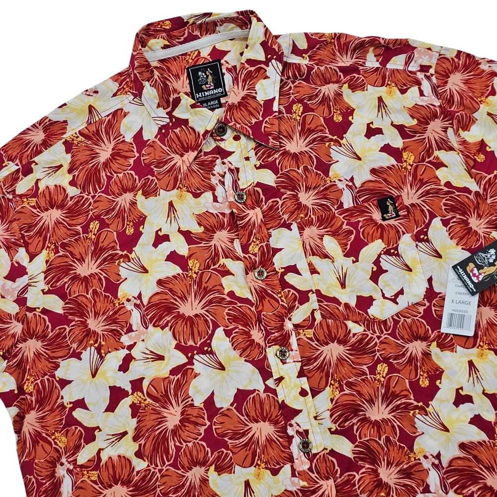 Hinano Tahiti Button Up Shirt Mens XL Red Floral Hawaiian Aloha Tropical NEW